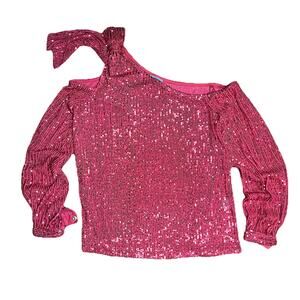 CeCe Pink Sequin Stretch Cold One Shoulder Top Blouse Shirt Womens Size Small